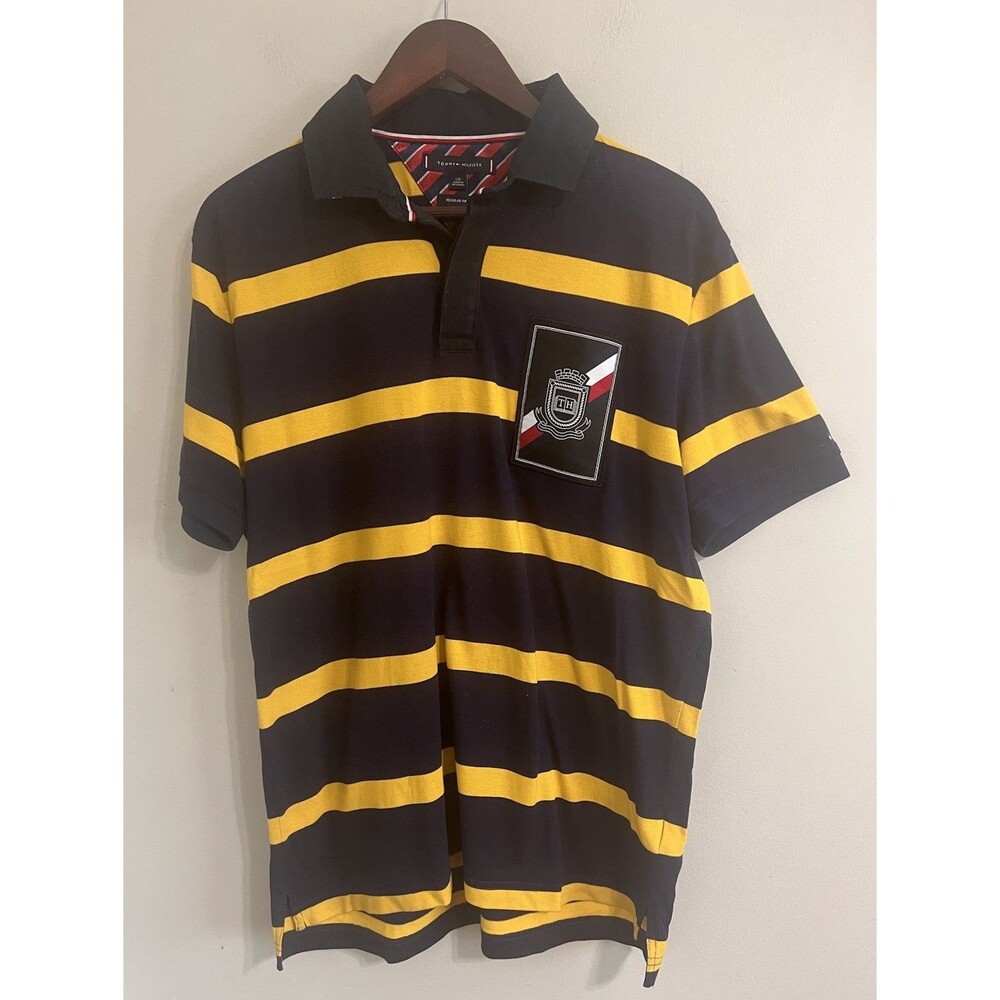 Tommy Hilfiger Polo Shirt Mens Large Large Blue Yellow Stripes Slim Rugby Patch